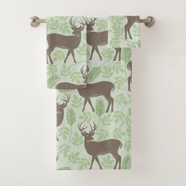 Conjunto De Toalhas Padrão Castanho Verde Foliage em Woodland Deer (Insitu)