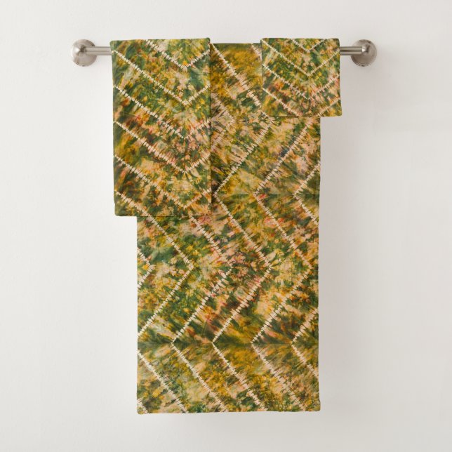 Conjunto De Toalhas Padrão Chevron de Tinta Dye Verde e Dourado (Insitu)
