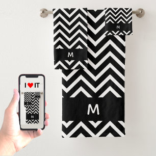 Conjunto De Toalhas Padrão Chic Chevron em Monograma Preto e Branco
