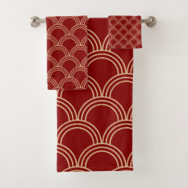 Conjunto De Toalhas Padrão Chinês Tradicional Vermelho e Dourado