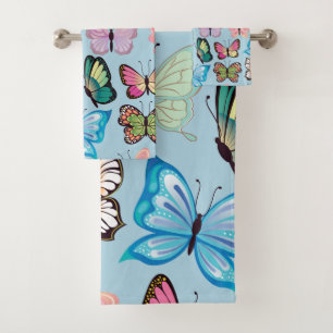 Conjunto De Toalhas Padrão Colorido de Borboleta Pastel Azul Claro