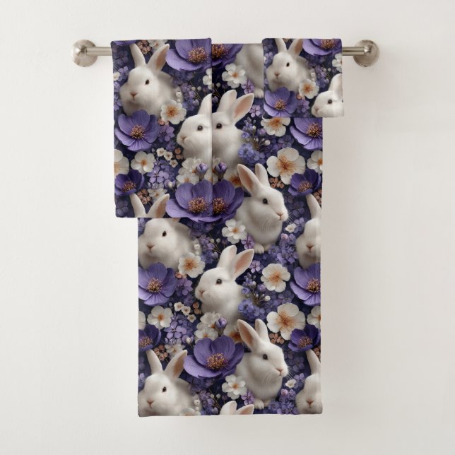 Conjunto De Toalhas Padrão com Coelhos Brancos e Flores Roxas (Insitu)
