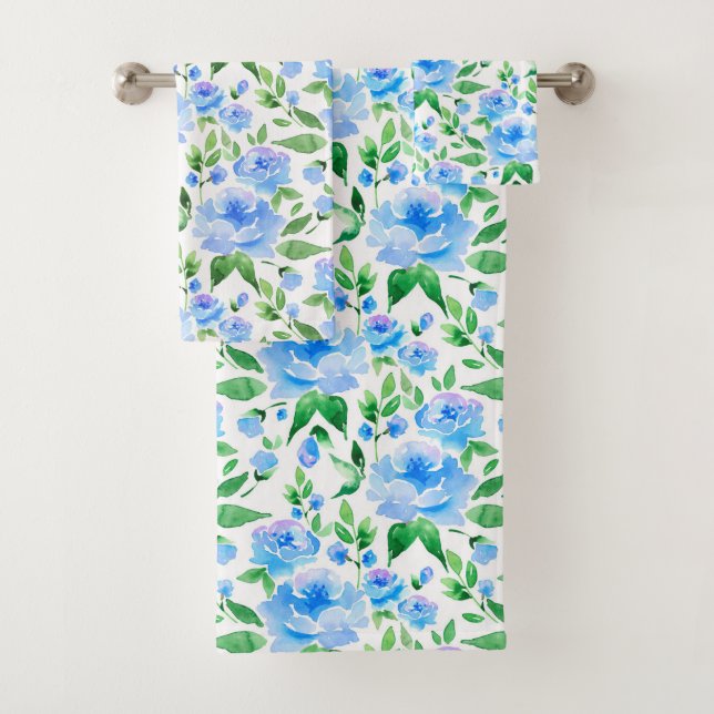 Conjunto De Toalhas Padrão com flores de aquarela azul (Insitu)