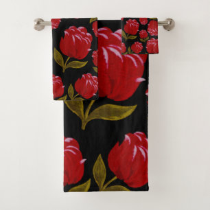 Conjunto De Toalhas Padrão constante de rosas vermelhas sobre fundo p