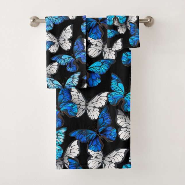 Conjunto De Toalhas Padrão contínuo escuro com borboletas azuis Morpho (Insitu)