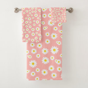 Conjunto De Toalhas Padrão Coral Pink Boho Primavera Daisies