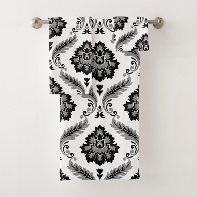 Conjunto De Toalhas Padrão Damasco Rococó Cinza Preto Branco (Insitu)