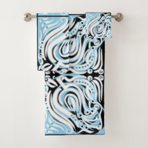 Conjunto De Toalhas Padrão de Abstrato de branco-preto azul