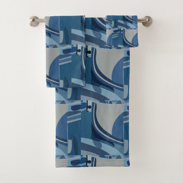 Conjunto De Toalhas Padrão de Abstrato de Geometria da Cinza Azul (Insitu)