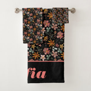 Conjunto De Toalhas Padrão de aquarela botânica preto rosa personaliza