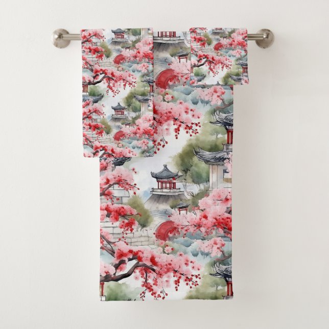 Conjunto De Toalhas Padrão de Aquarela de Pagode Chinesa  (Insitu)