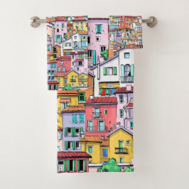 Conjunto De Toalhas Padrão de aquarela fofa de casas em multicolor