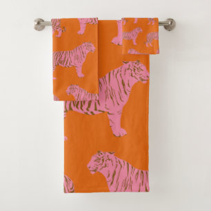 Conjunto De Toalhas Padrão de Arte Cinza Laranja e Tigre Rosa