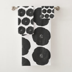 Conjunto De Toalhas Padrão de Arte Floral Retrópica em Preto e Branc