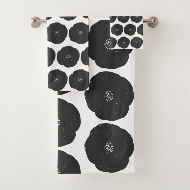Conjunto De Toalhas Padrão de Arte Floral Retrópica em Preto e Branco (Insitu)