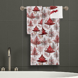 Conjunto De Toalhas Padrão de Árvore de Natal Branco Vermelho nº 4 ID1