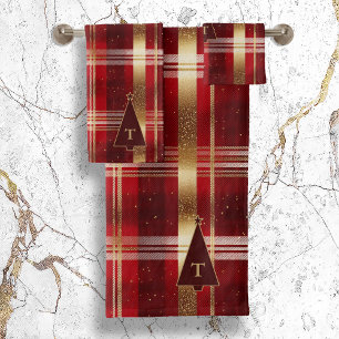 Conjunto De Toalhas Padrão de Árvore de Natal Dourada Vermelha nº 7 ID