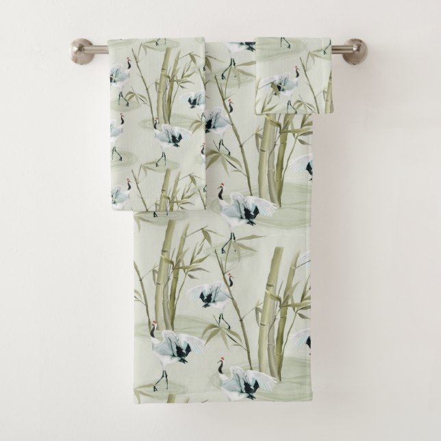 Conjunto De Toalhas Padrão de Ave Bamboo de Arte Asiática da Aquarela  (Insitu)