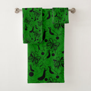 Conjunto De Toalhas Padrão de Aves da Borboleta Verde Escuro