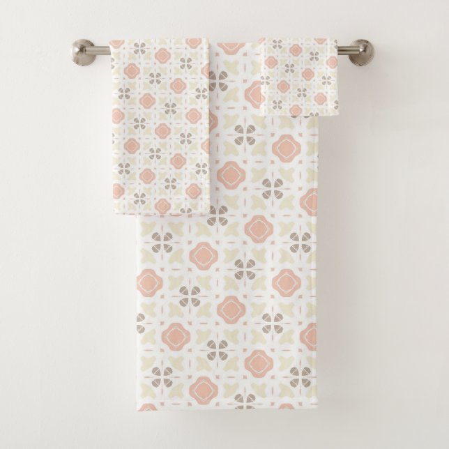 Conjunto De Toalhas Padrão de Azulejo Retro em Bege Macio e Rosa (Insitu)