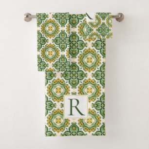 Conjunto De Toalhas Padrão de azulejo verde mediterrâneo abstrato