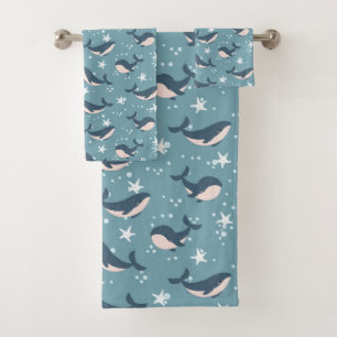 Conjunto De Toalhas Padrão de Baleia Azul