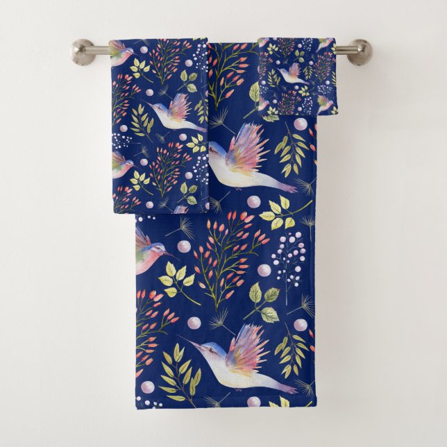 Conjunto De Toalhas Padrão de Beija-flores e Flores no Fundo Personali (Insitu)