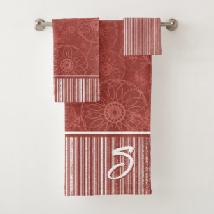 Conjunto De Toalhas Padrão de Boho Vermelho Monograma e Stripes Branca