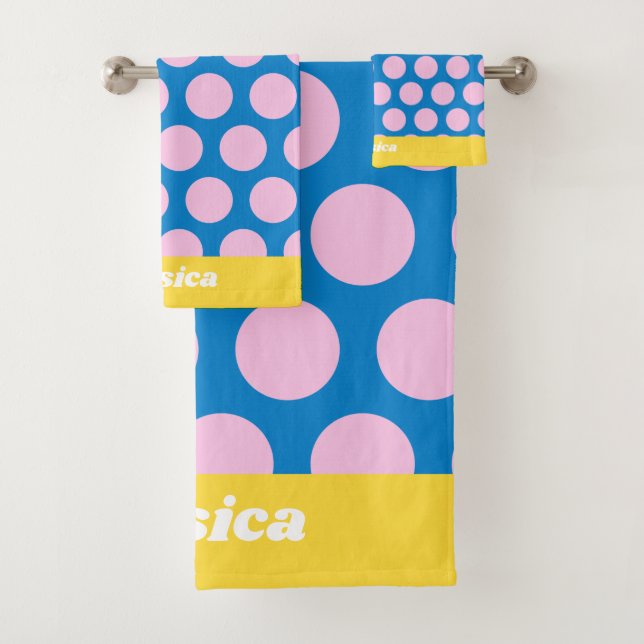 Conjunto De Toalhas Padrão de Bolinhas grande azul e rosa personalizad (Insitu)