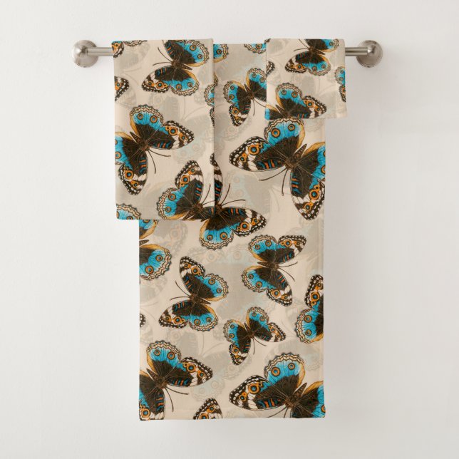 Conjunto De Toalhas Padrão de Borboleta Azul Pansível em branco (Insitu)