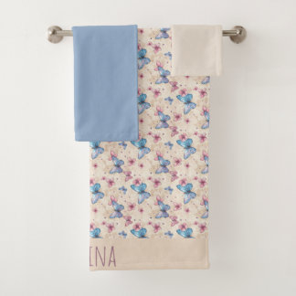 Conjunto De Toalhas Padrão de borboleta azul rosa em aquarela nome
