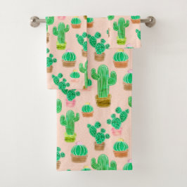 Conjunto De Toalhas Padrão De Cactus Potente Desenhado À Mão