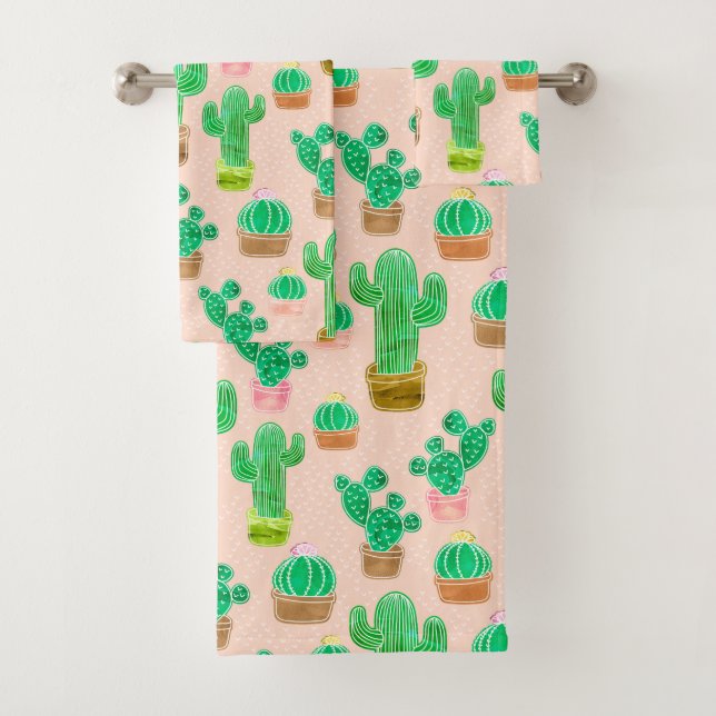 Conjunto De Toalhas Padrão De Cactus Potente Desenhado À Mão (Insitu)