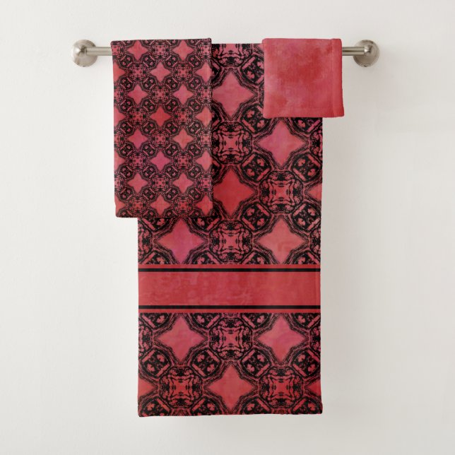 Conjunto De Toalhas Padrão de Cadeias de Diamantes Preto e Vermelho (Insitu)