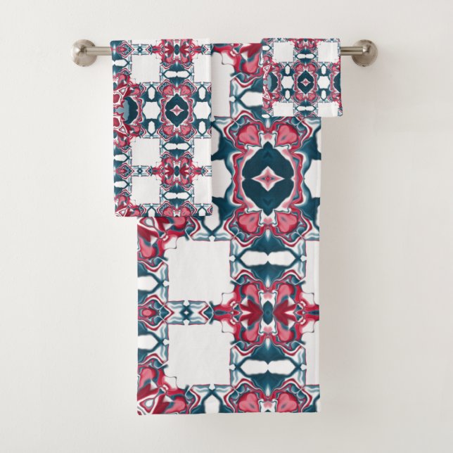 Conjunto De Toalhas Padrão de Caleidoscópio Vermelho e Azul (Insitu)