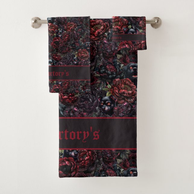 Conjunto De Toalhas Padrão de Cão Preto Gótico e Flores Escuras (Insitu)