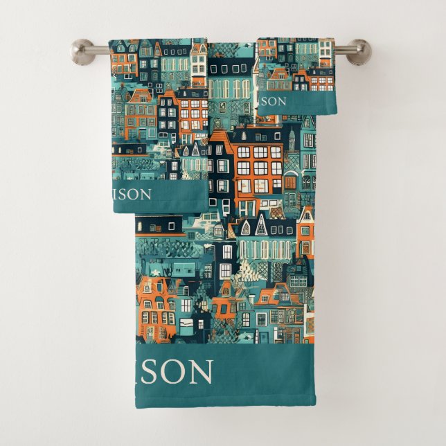 Conjunto De Toalhas Padrão de Casas Holandesas de Nome Personalizado (Insitu)