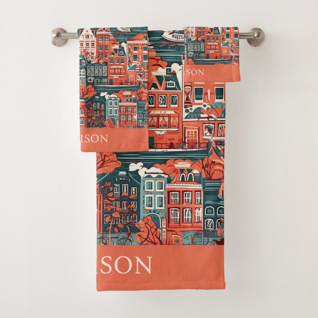 Conjunto De Toalhas Padrão de Casas Holandesas de Nome Personalizado (Insitu)