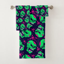 Conjunto De Toalhas Padrão de Caveiras de Zumbi Neon