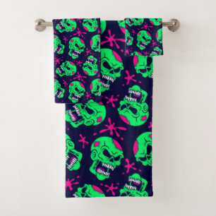 Conjunto De Toalhas Padrão de Caveiras de Zumbi Neon