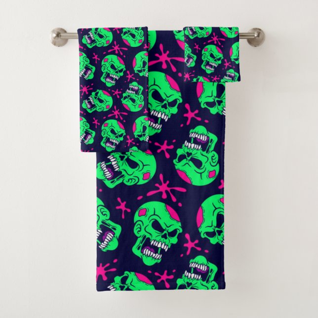 Conjunto De Toalhas Padrão de Caveiras de Zumbi Neon (Insitu)
