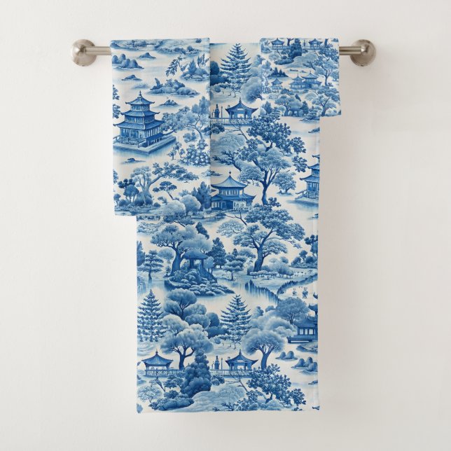 Conjunto De Toalhas Padrão de chinoiserie azul e branca (Insitu)
