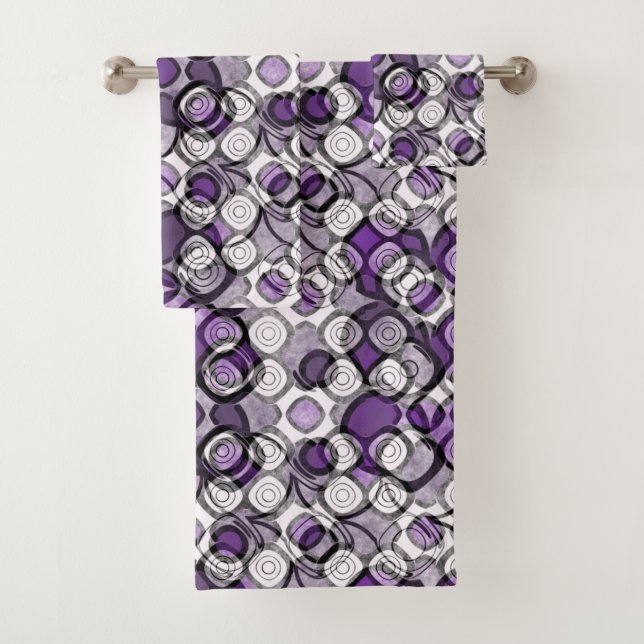 Conjunto De Toalhas Padrão de Círculo Abstrato Roxo, Cinza e Preto (Insitu)