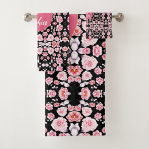 Conjunto De Toalhas padrão de colheita de flores rosa Monograma pers