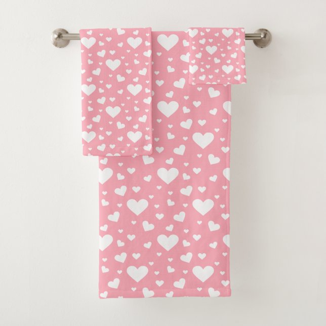 Conjunto De Toalhas Padrão de Coração Branco Sobre Rosa (Insitu)