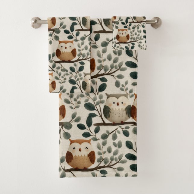 Conjunto De Toalhas Padrão de Coruja e Folha da Floresta (Insitu)