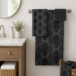 Conjunto De Toalhas Padrão de Damasco Preto Cinza Gótico Moderno