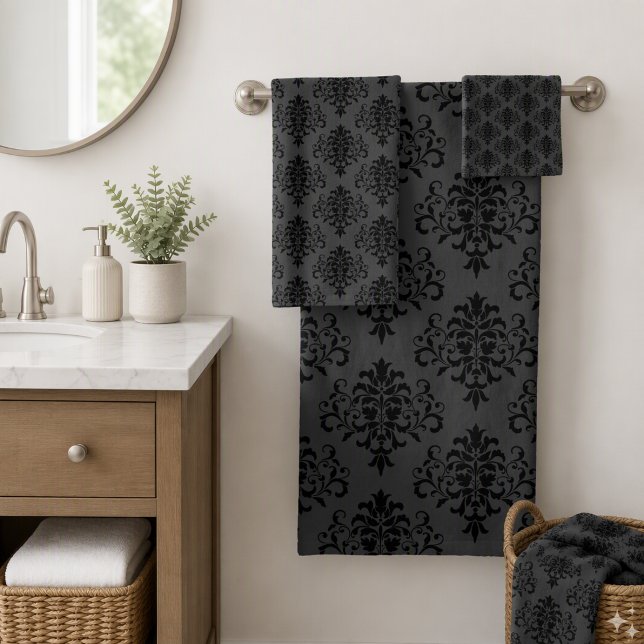 Conjunto De Toalhas Padrão de Damasco Preto Cinza Gótico Moderno (Criador carregado)