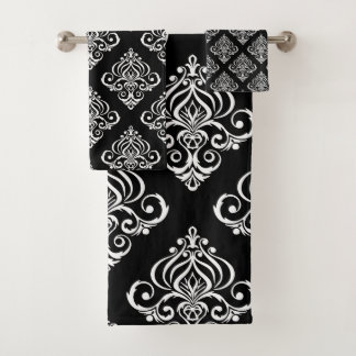 Conjunto De Toalhas Padrão de Damasco Preto e Branco Personalizado