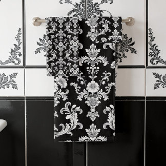 Conjunto De Toalhas Padrão de Damasco Preto e Branco Vitoriano